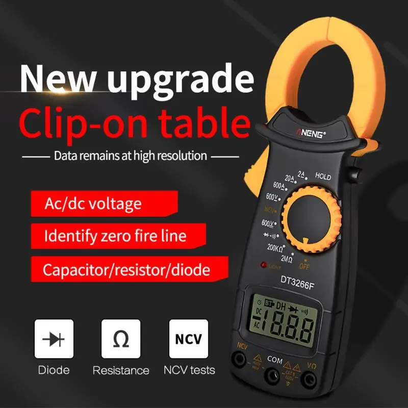 DT3266F Digital Clamp Multimeter AC/DC Voltage Ampere NCV Resistance Diode Test Y98E
DT3266F Digital Clamp Multimeter AC/DC Voltage Ampere NCV Resistance Diode Test Y98E