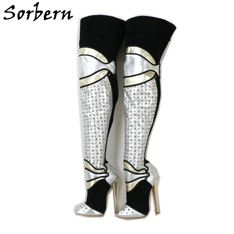 

Sorbern Sexy Over The Knee Boots Punk Rivets Pointed Toe Size 36 Stilettos High Heels Custom Wide Calf Shaft Long Boot Lady Shoe