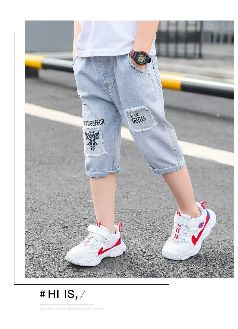 Children's Hole-Denim Splicing Shorts