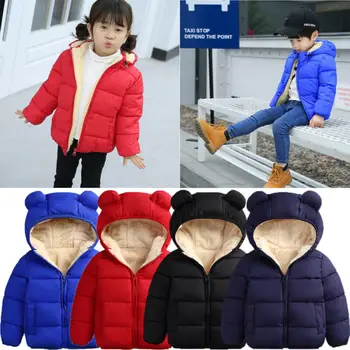 

Jacket Winter Warm Zip Snowsuits Snow Wear Costume Baby Boys Girls 3D Ears Coat Solid Color Cute Hooded