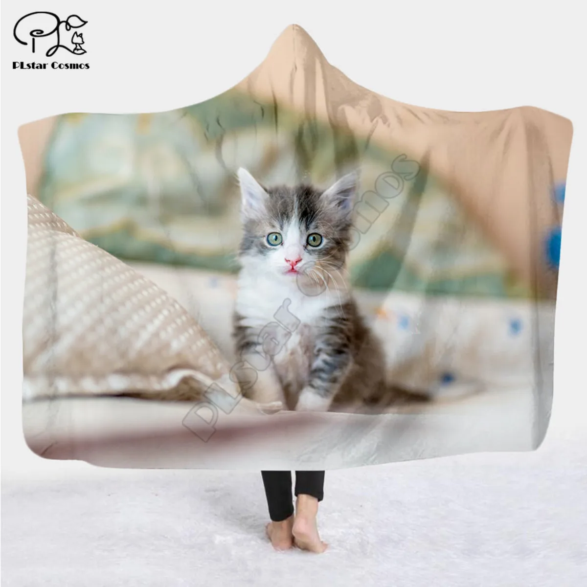 

Cute cat pattern Character Hooded Blanket Adult colorful child Sherpa Fleece Wearable Blanket Microfiber Bedding style-4