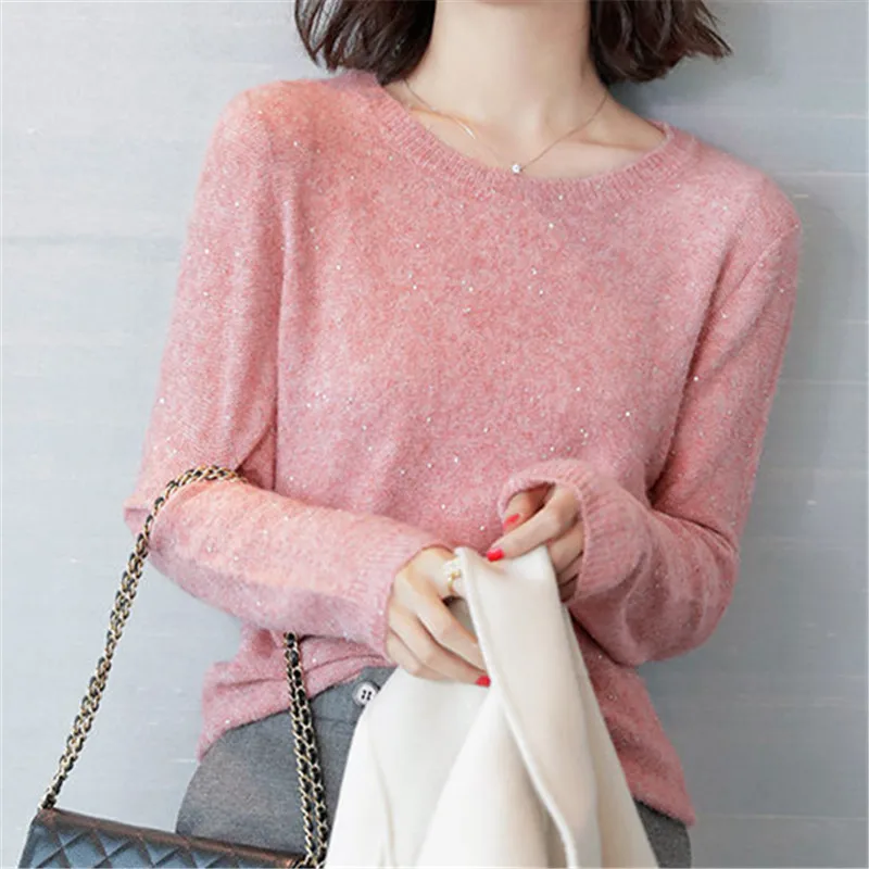 

Women's Sweater Autumn Winter New Version Of Solid Color Round Neck Long-sleeved Loose Pullover Sequined Fashion Commuter Top