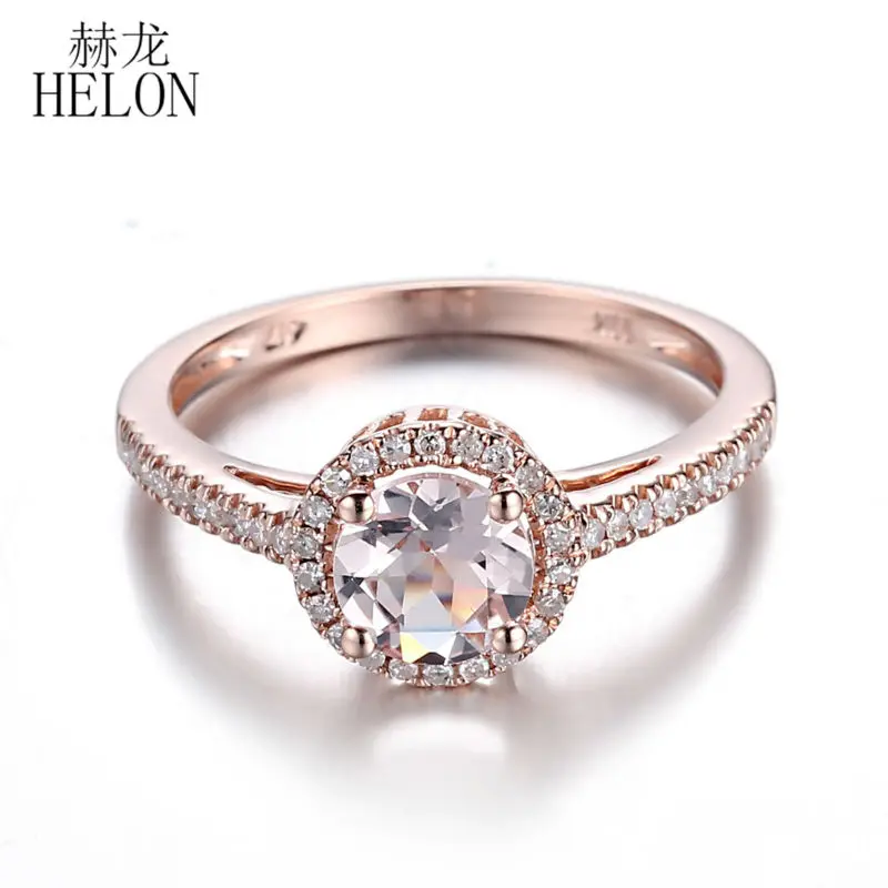 

HELON Solid 10K Rose Gold Flawless Round 6mm Genuine Morganite Diamonds Engagement Wedding Ring Women Fine Jewelry Diamond Ring