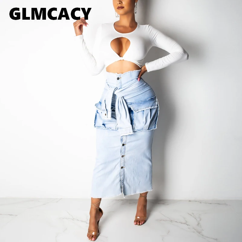 Women Casual Tie Front Denim Button Midi Skirt Spring Summer Fall High Waist Mid-Calf Bodycon Pencil Skirts with Pockets
Women Casual Tie Front Denim Button Midi Skirt Spring Summer Fall High Waist Mid-Calf Bodycon Pencil Skirts with Pockets