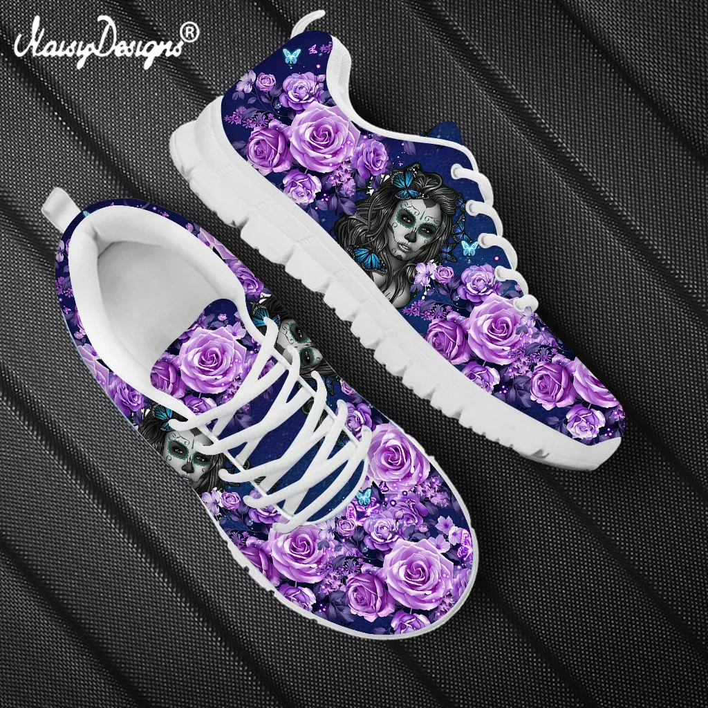 

Noisydesigns Women Sneaker Brand Designer Day of the Dead Puple Rose Sugar Skull Girl Pattern Shoes Light Mesh Flats Shoes 2021