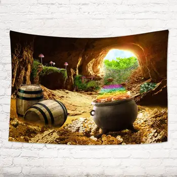 

St.Patrick's Day Tapestry Cave Wine Barrel Clover Gold Coin Wall Hanging Tapestries For Bedroom Living Room Dorm Party Decor