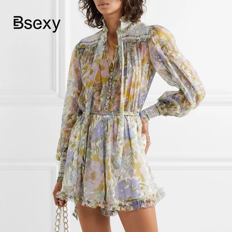 

Bohemian Chiffon Women Playsuit 2020 Runway Designer Spring Bows Ruffle Floral Print Long Sleeve Wide Legs SHort Jumpsuits