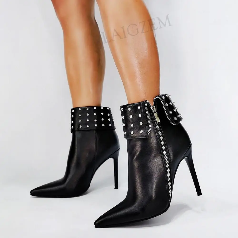 

DOBANER Women Boots Faux Leather Fashion Spike Back Heels Booties Side Zip Femmes Bottes Ladies Shoes Woman Plus Size 44 46 47