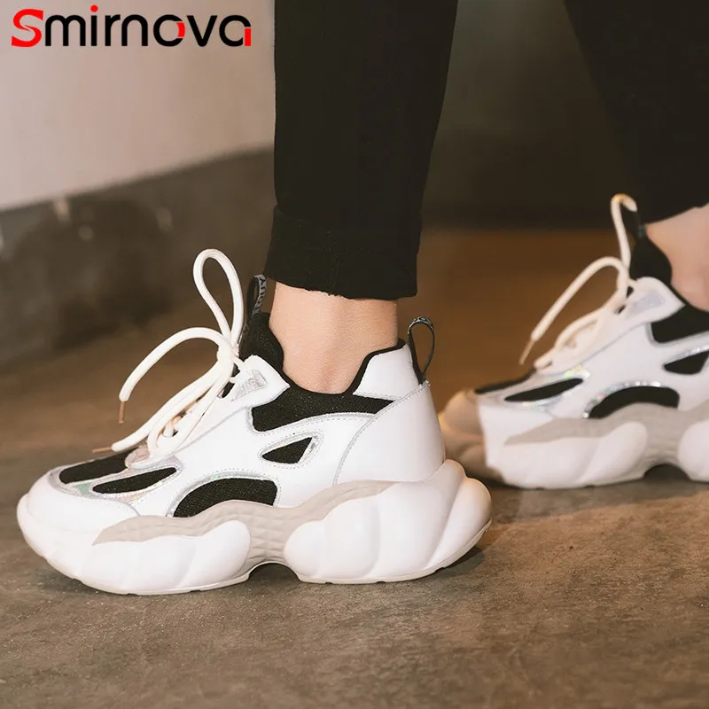 

Smirnova 2020 New arrival genuine leather shoes women sneakers lace up round toe platform snakers ladies shoes