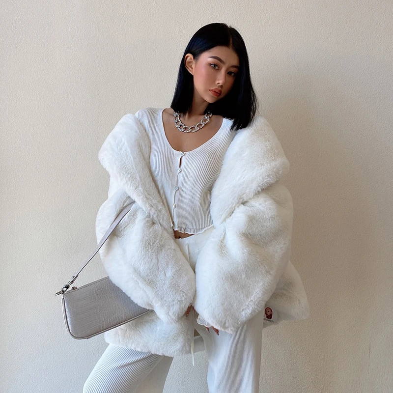 Роскошное белое пальто из искусственного меха Женское зимнее теплое плюшевое