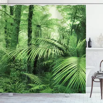 

Rainforest Shower Curtain, Palm Trees and Exotic Plants in Tropical Jungle Wild Nature Theme Illustration, Cloth Fabric Bathroom