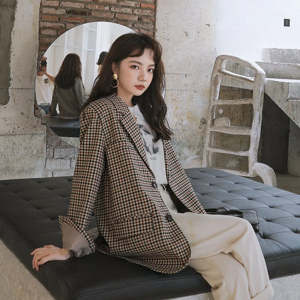 

Plaid Small Suit Coat Women's Korean-style Loose-Fit Students 2019 New Style Spring And Autumn Hong Kong Flavor Retro Online Cel