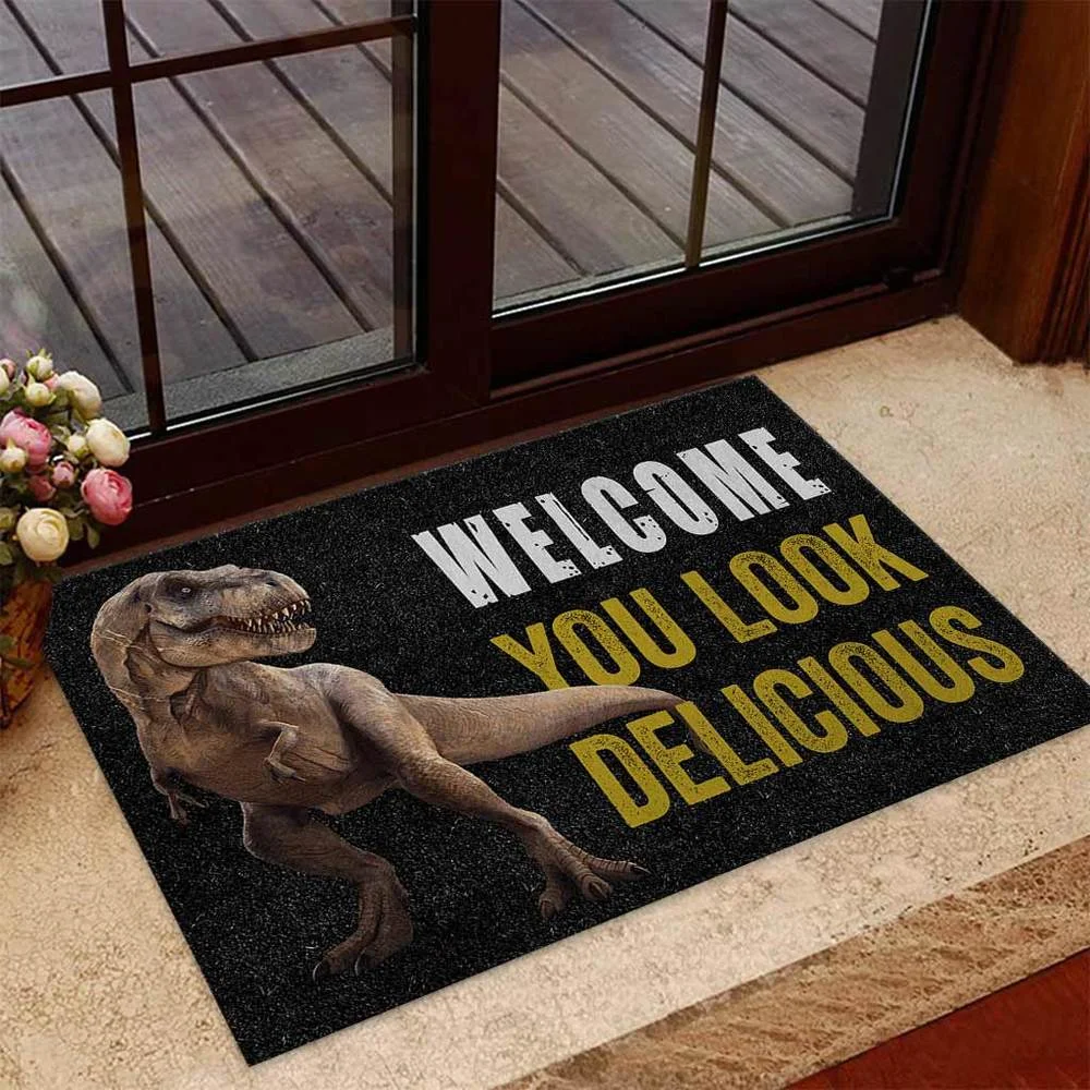 

CLOOCL Welcome You Look Delicious Doormat Decor 3D Print Dinosaur Absorbent Doormat Non-Slip Soft Flannel Carpet Hallway Bedroom