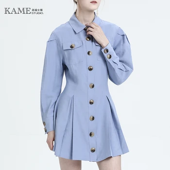Women Autumn Blue Dress Puff sleeved Turn-down Collar Single-breasted Vestido Lady Female High Waist A-line Vintage Mini Dresses
Women Autumn Blue Dress Puff sleeved Turn-down Collar Single-breasted Vestido Lady Female High Waist A-line Vintage Mini Dresses