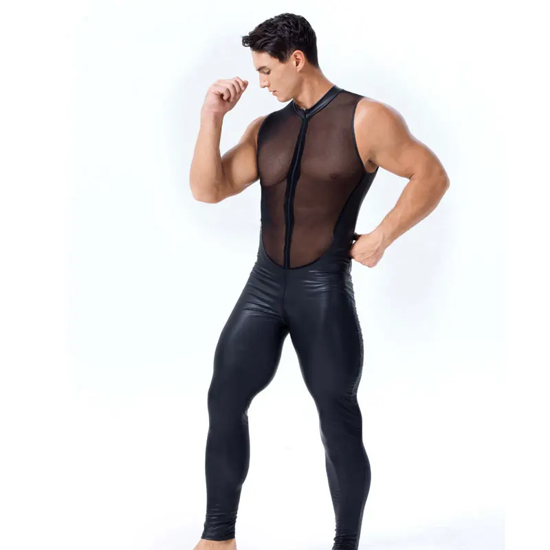 

Sexy Men Mesh Patchwork Bodysuit PU Faux Leather Bodysuit Sheer See Through Bandage Leotard Gay Wear Sexy Tight Jumpsuit F41