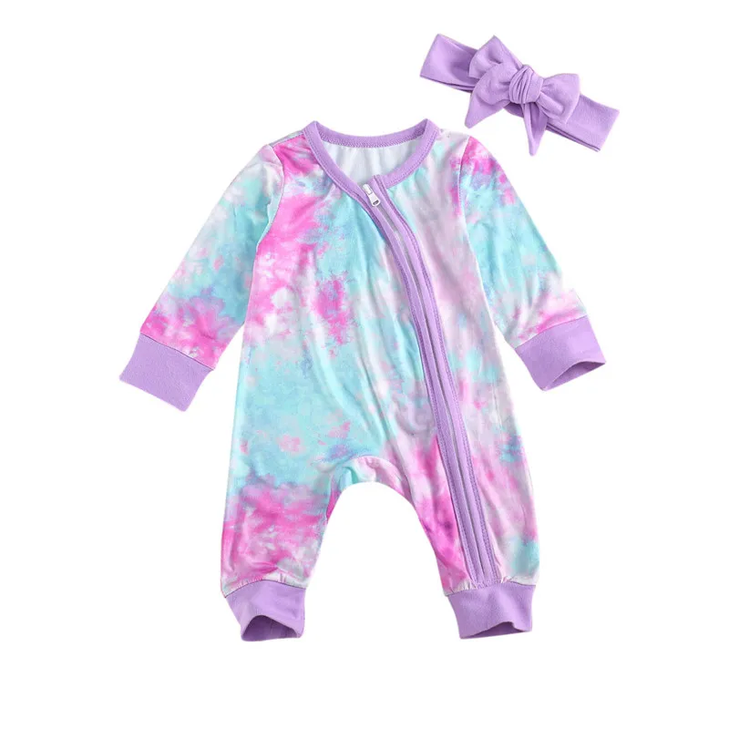 Newborn Girls Boys Children's Tie-dyed Diagonal Zipper Long Sleeve and Long Pants Jumpsuit with Bow Headband 2-piece Suits 
Newborn Girls Boys Children's Tie-dyed Diagonal Zipper Long Sleeve and Long Pants Jumpsuit with Bow Headband 2-piece Suits