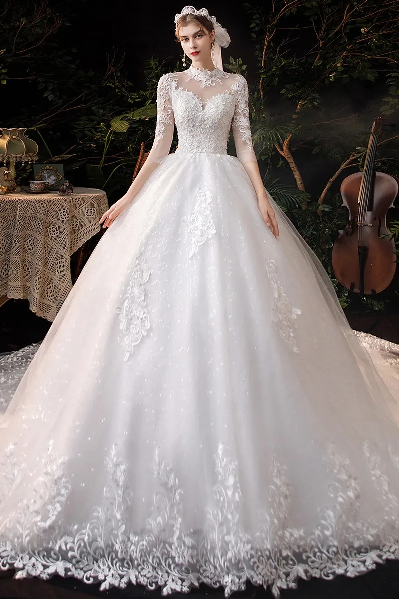 Robe de mariée à manches trois quarts et col haut, robe de Rhlongue, robe de princesse, luxe, traîne, Plus, 1m, 2021 5