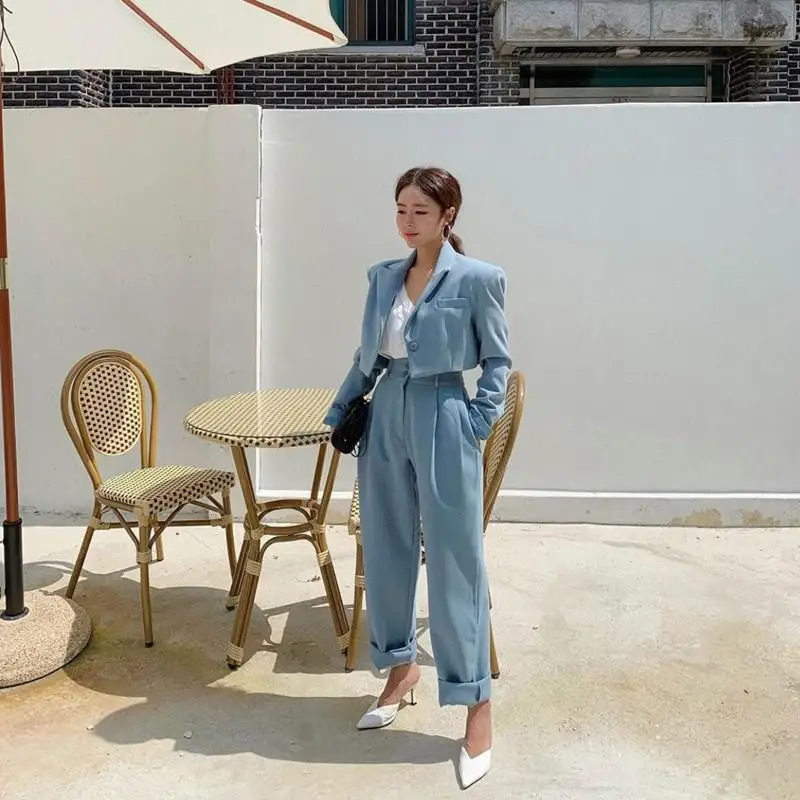 New Autumn Blue Notched Blazer Set Office Ladies Single-Breasted Two-Piece Set Elegant Pockets Two-Piece Outfits
New Autumn Blue Notched Blazer Set Office Ladies Single-Breasted Two-Piece Set Elegant Pockets Two-Piece Outfits