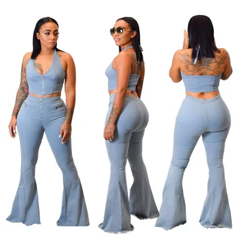 2020 Fashion Denim Two Pieces Set Women's Sleeveless Blue Crop Top And Slim Flare Long Pants 2020 Summer New Outfits Big Size
2020 Fashion Denim Two Pieces Set Women's Sleeveless Blue Crop Top And Slim Flare Long Pants 2020 Summer New Outfits Big Size