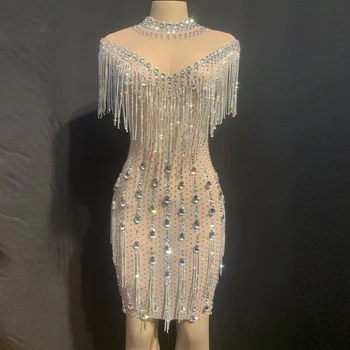 Women Birthday Party Celebrate Stones Dress Crystals Fringes See Through Mesh Dress Nightclub Dance Costume Short skirt dress
Women Birthday Party Celebrate Stones Dress Crystals Fringes See Through Mesh Dress Nightclub Dance Costume Short skirt dress