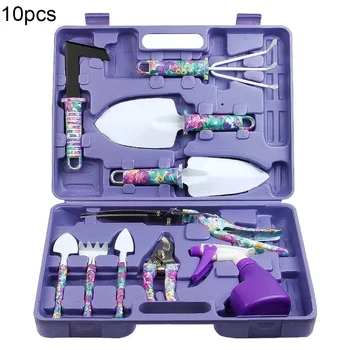 10PCS Garden Tools Set Gardening Tools with Purple Floral Printing Ergonomic Handle Trowel Rake Weeder Pruner Shears Sprayer