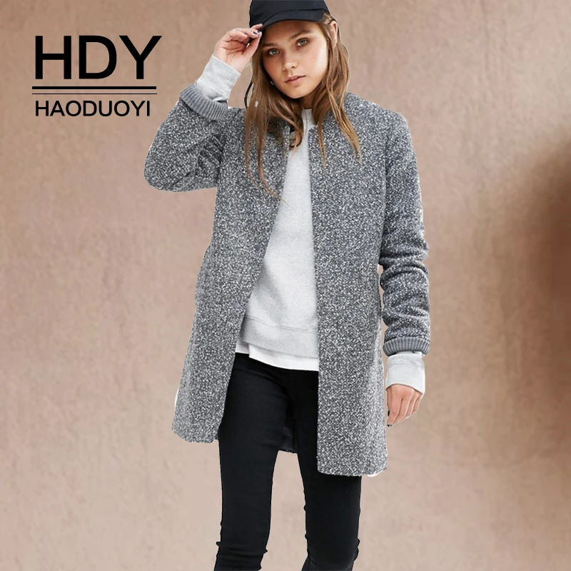 

HDY Haoduoyi New Fashion Autumn Loose Ladies Casual Clothing Simple Womens Female Tops Ribbed Wool Long Straight Jacket Coat