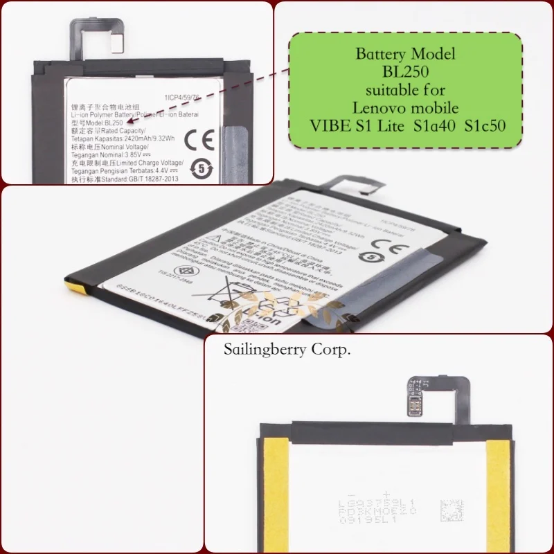 Battery suitable for Lenovo-mobile VIBE S1 Lite S1a40 S1c50 with battery model BL250
Battery suitable for Lenovo-mobile VIBE S1 Lite S1a40 S1c50 with battery model BL250