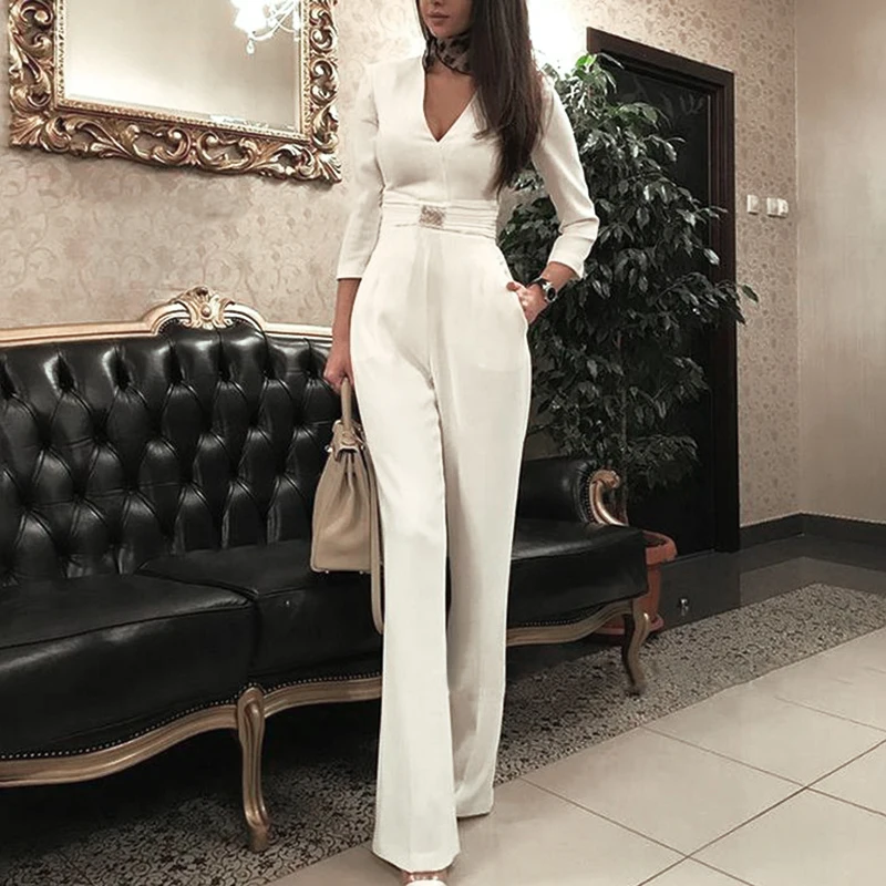 Office Workwear Spring Ladies Jumpsuit Formal V-neck Elegant Long Sleeve Evening Party 3/4 Sleeve Slim Fit Jumpsuits With Belt
Office Workwear Spring Ladies Jumpsuit Formal V-neck Elegant Long Sleeve Evening Party 3/4 Sleeve Slim Fit Jumpsuits With Belt