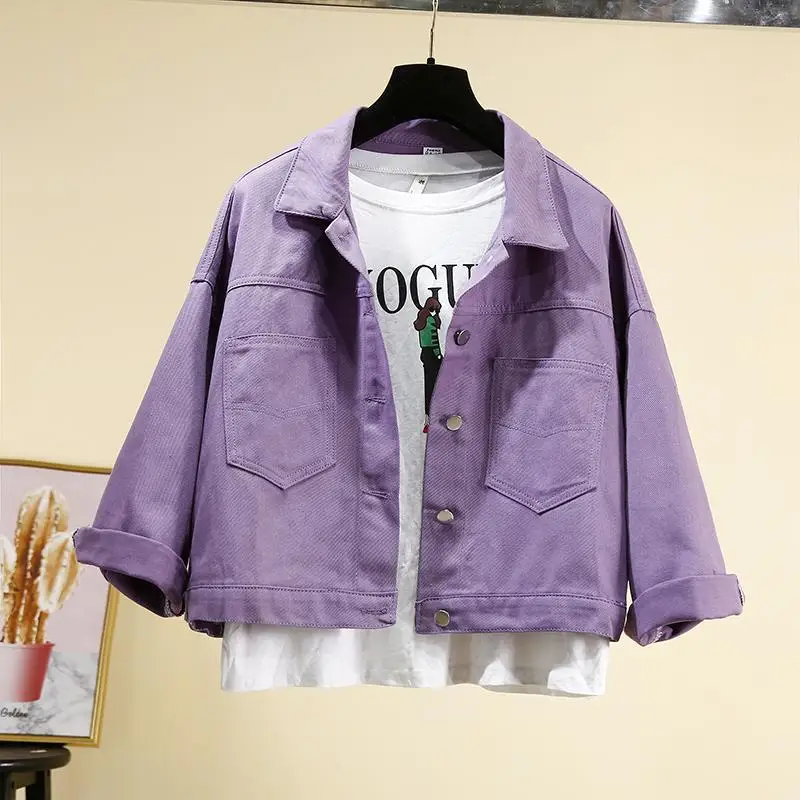 Фото Корейская шикарная модная фиолетовая джинсовая куртка женские летние пальто