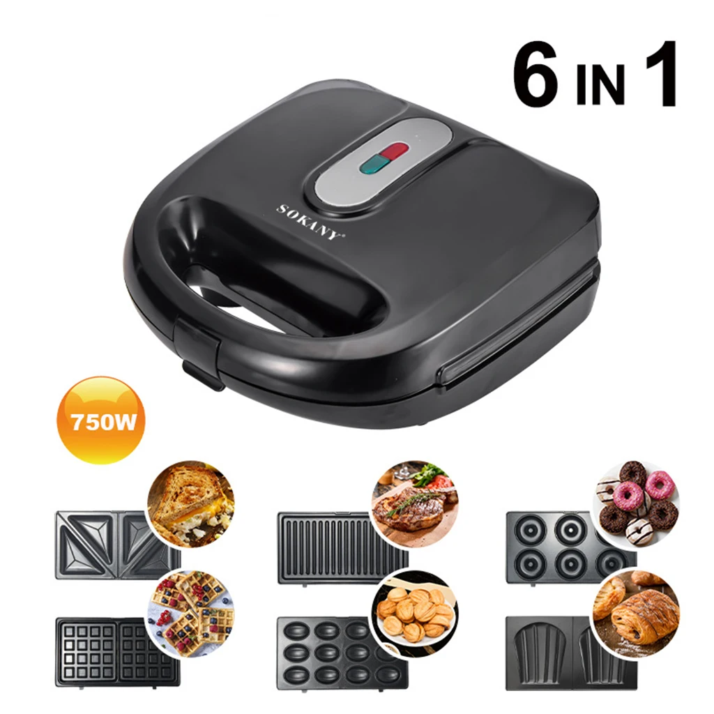 6 In 1 Electric Sandwich Waffle Maker Iron Toaster Baking Steak Grill Egg Cake Oven Frying Pan for Kitchen EU Plug 750w | Бытовая