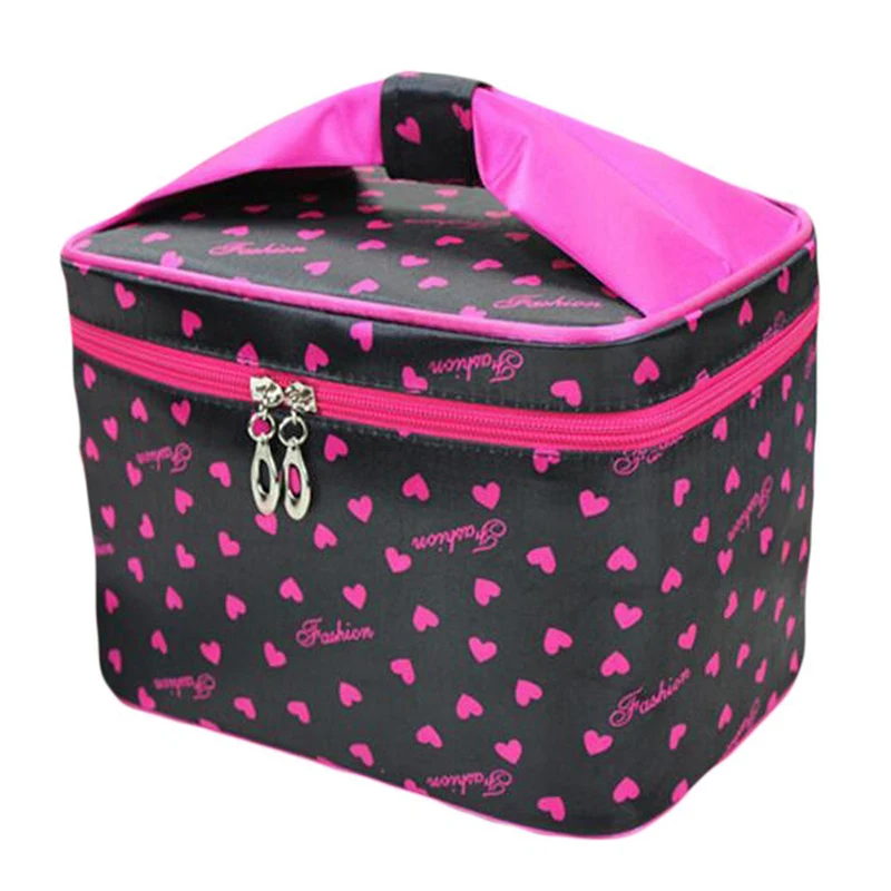 ABZC-Toiletry Cosmetic Storage Large Travel Makeup Bag with Sweet Bow Handle,Black