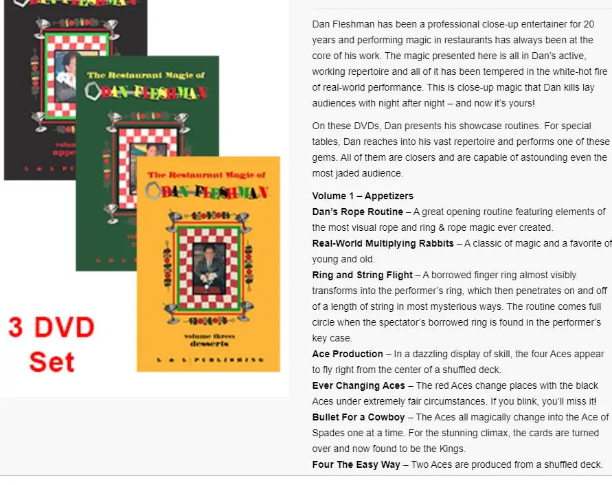 The Restaurant Magic of Dan Fleshman - Vol. 1,2,3 DVD - Magic Instructions Magic trick
The Restaurant Magic of Dan Fleshman - Vol. 1,2,3 DVD - Magic Instructions Magic trick