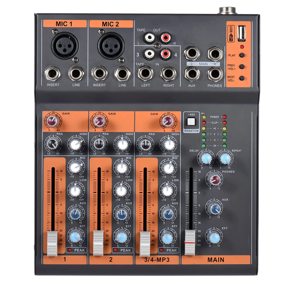 Portable 4-Channel Mic Line Audio Mixer Mixing Console 3-band EQ USB Interface 48V Phantom Power with Power Adapter
Portable 4-Channel Mic Line Audio Mixer Mixing Console 3-band EQ USB Interface 48V Phantom Power with Power Adapter
