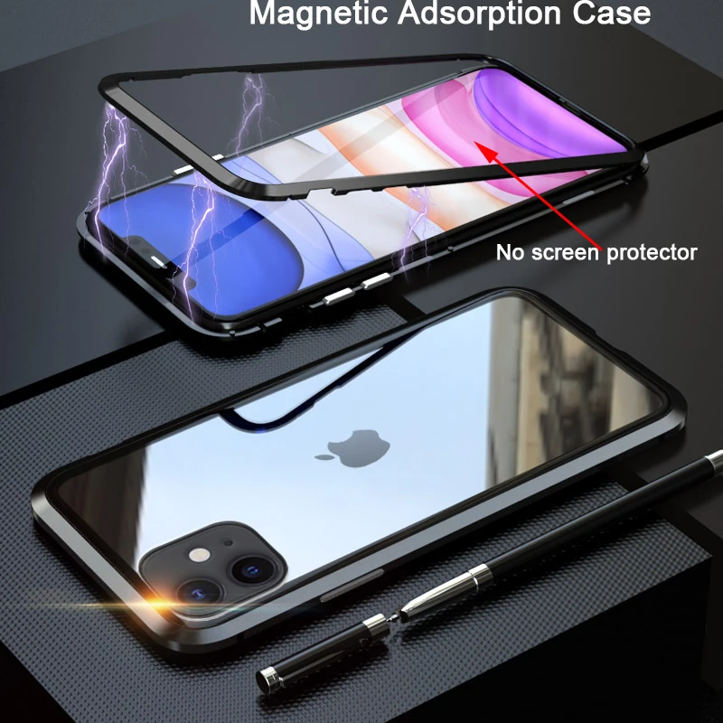 Металлический магнитный адсорбирующий чехол для iphone 11 с закаленным стеклом pro max