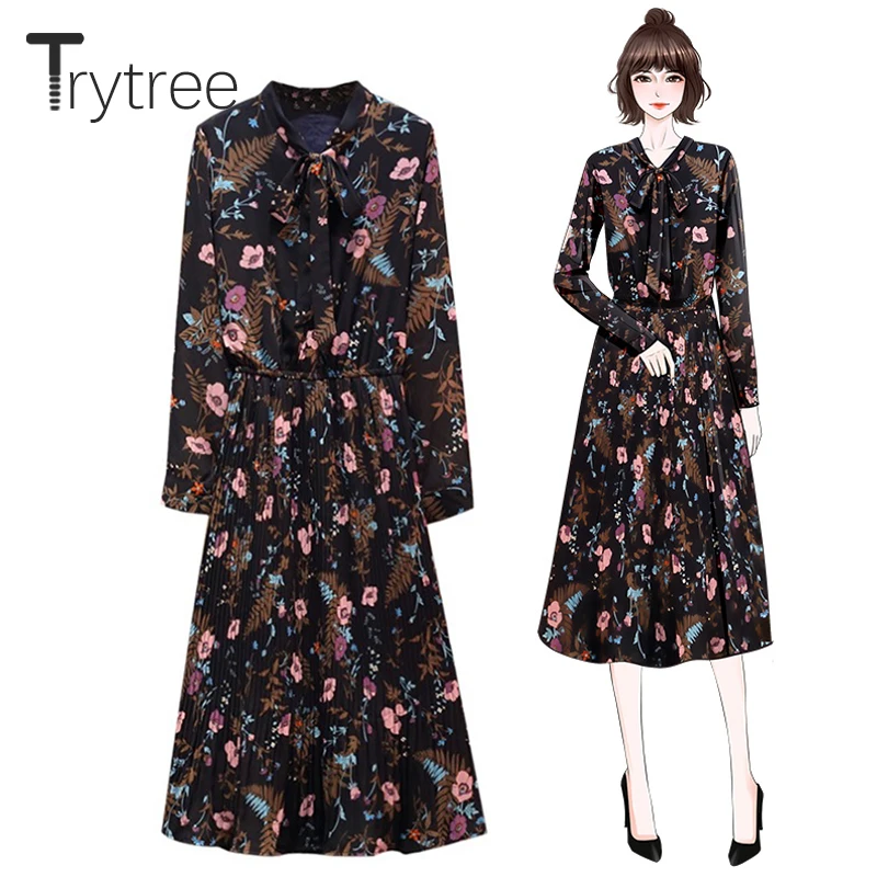 

Trytree 2019 Autumn Women Casual Dress Bow Print Floral Elastic Waist Fashion Mid-Calf A-Line Pleated Hem Office Lady Dress