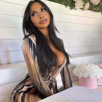 2020 Low Cut Long Sleeve Sexy Women Dresses Night Club Party Dresses Printed Lace Up Long Dresses With Sashes Vestidos 
2020 Low Cut Long Sleeve Sexy Women Dresses Night Club Party Dresses Printed Lace Up Long Dresses With Sashes Vestidos