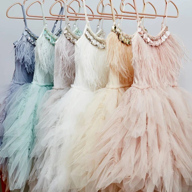 

Kids Princess Dresses for Girls Children Feather Beading Sequined Gowns Toddler Birthday Party Frocks Boutique Baby Tutu Dresses