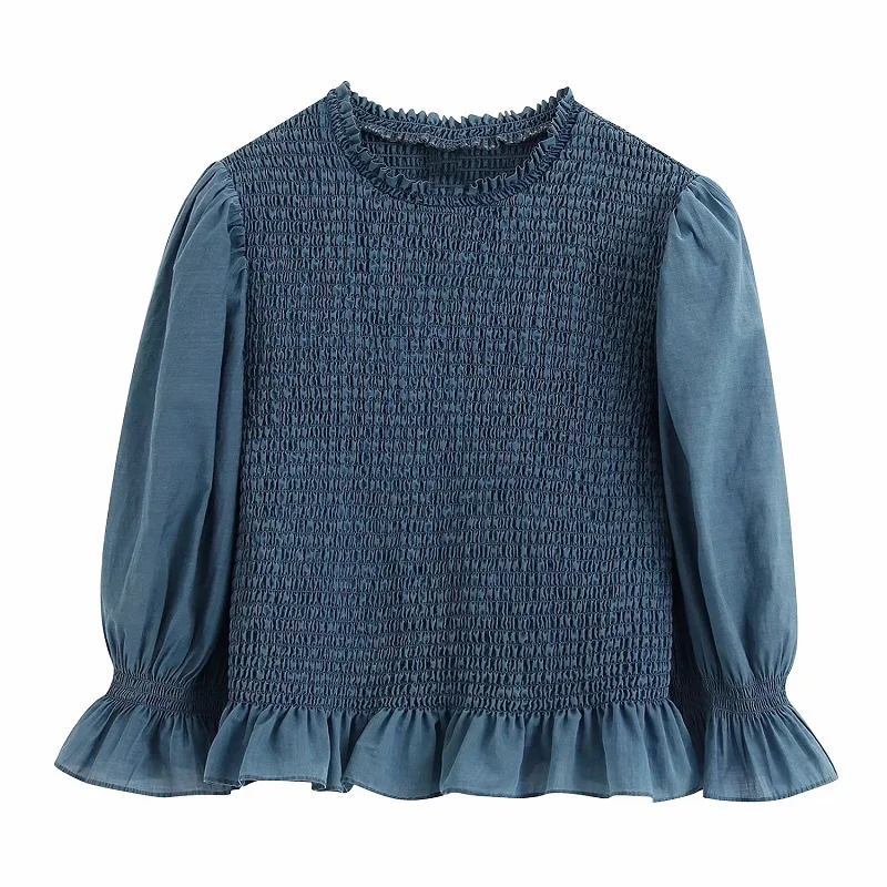 Фото Женская винтажная блузка эластичная короткая с круглым вырезом и полурукавами