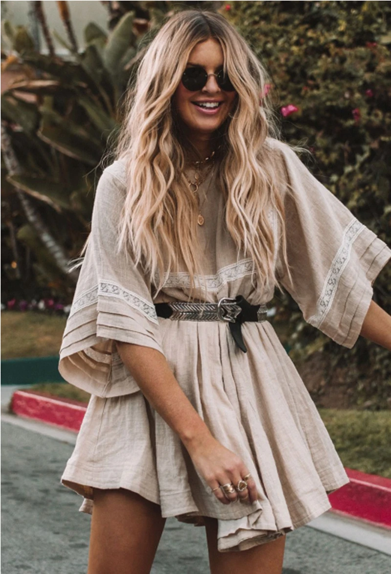 Boho Летнее винтажное женское кружевное лоскутное льняное хлопковое мини-платье