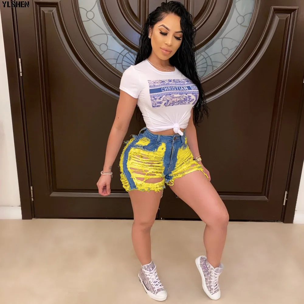 Streetwear Denim Pants Women Casual Joggers Holes Candy Jeans High Waist Skinny Female Trousers Korean Style Ladies Pants Capri 07