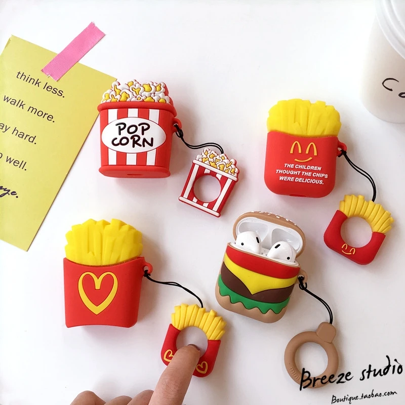

3D Food Hamburger Popcorn Fries Silicone Finger Ring Wireless Earphone Charging Case for AirPods 1 2 Bluetooth Headset Cover