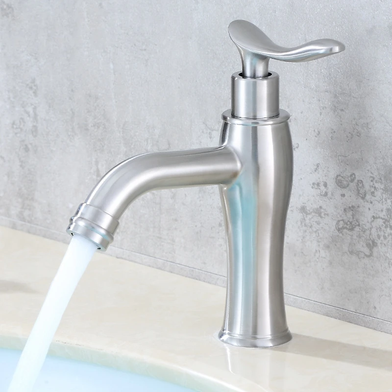 

1PC 304 Stainless Steel Brushed Single Cold Single Handle Single Hole Basin Faucet Wash Basin Bathroom Tap Thread G1/'2'