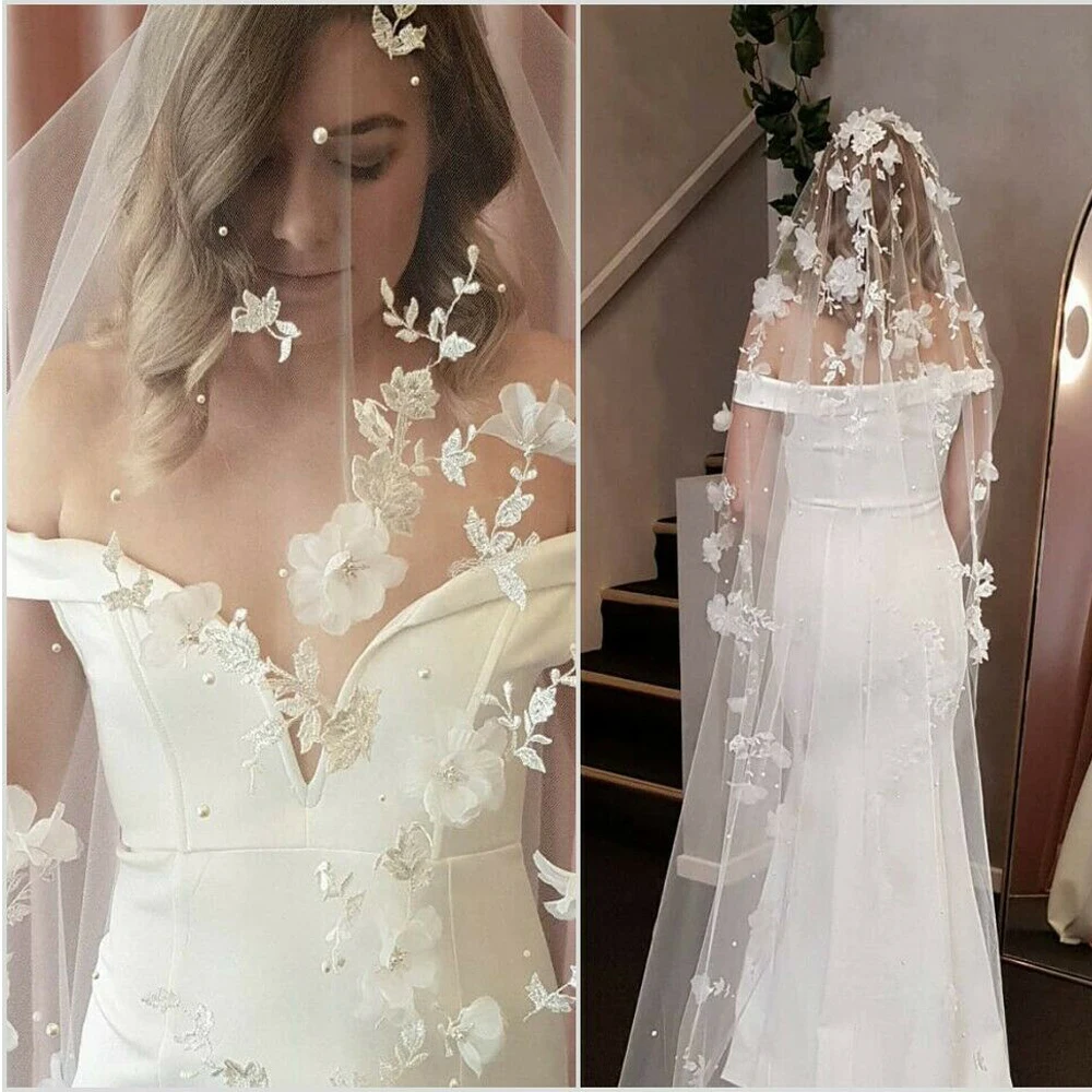 Свадебная фата с аппликацией элегантная Фата невесты длиной до щиколотки 3D