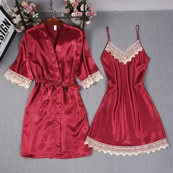 V Neck Sexy Kimono Robe Summer Imitation Ice Silk Ladies Adult Women Pajama Set Solid Sleeping Fashion Lace Chemise Gift Soft 
V Neck Sexy Kimono Robe Summer Imitation Ice Silk Ladies Adult Women Pajama Set Solid Sleeping Fashion Lace Chemise Gift Soft