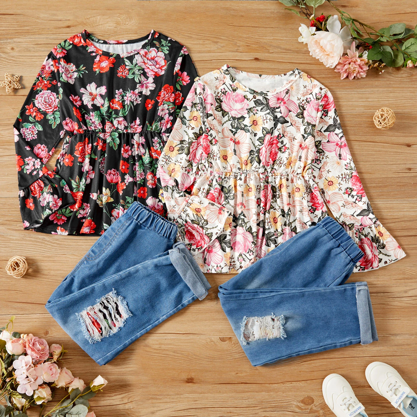 Patpat 2 peças criança menina floral impressão sino mangas peplum topo e rasgado calças jeans conjunto Patpat 2 peças criança menina floral impressão sino mangas peplum topo e rasgado calças jeans conjunto