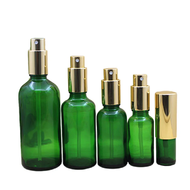 

5ML 10ML 15ML 20ML 30ML 50ML 100ML Perfume Spray Emulsion Lotion Bottle Shiny Gold Lid Empty Green Glass Refillable Vials 15pcs