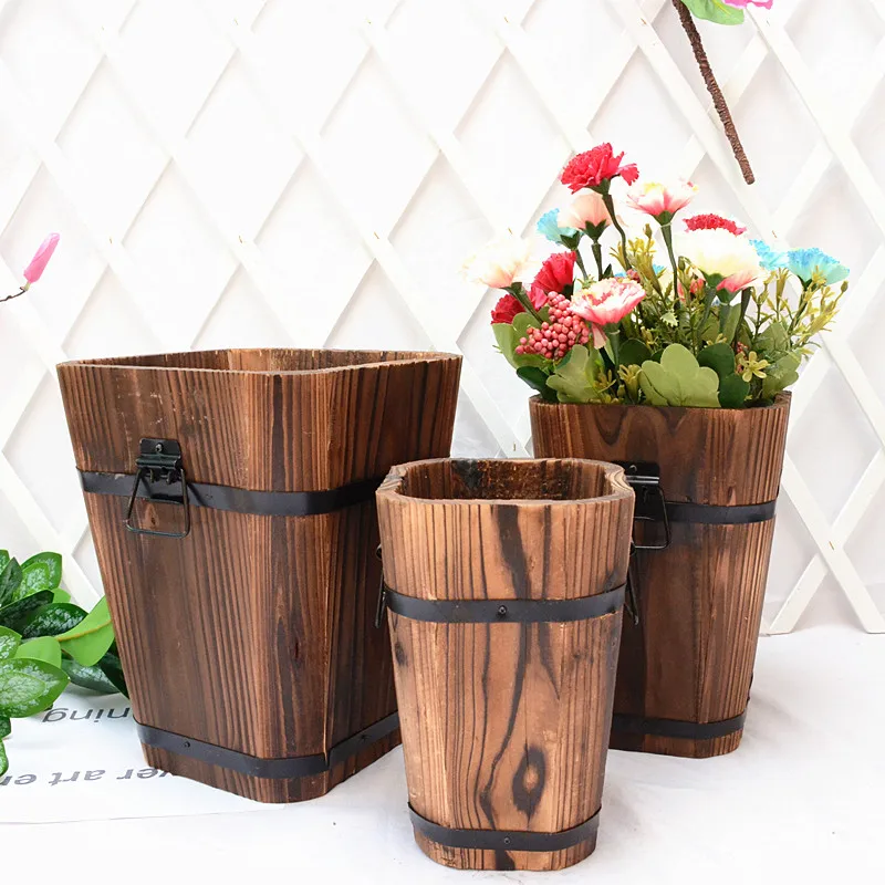 

Carbonized Wood Multi-meat Pot Home Decoration Retro Small Wooden Bucket Wooden Round Barrel Planter Flower Pots