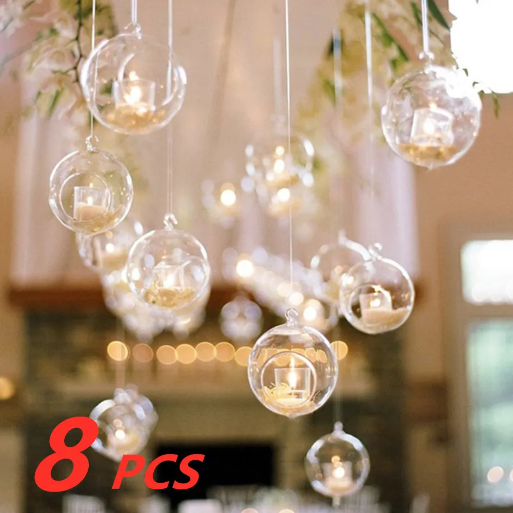 

8PCS Globe Shape Glass Candlestick Tea Light Holder Succulent Style Hanging Candle Round Home Decors Clear Vase Romantic Wedding