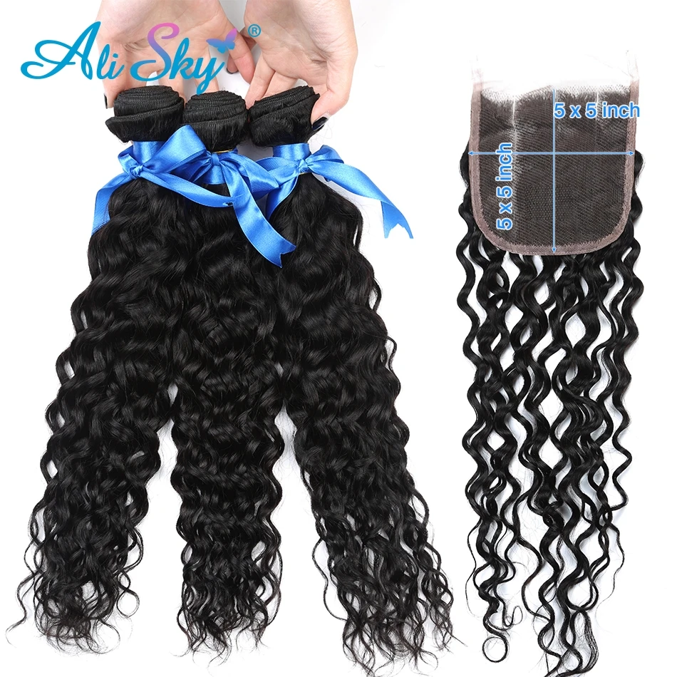 

Alisky Malaysian Water Wave Human Hair 3 Bundles With 5*5 Lace Closure Black Color No Tangle Not Shedding 100% Human Hair Remy