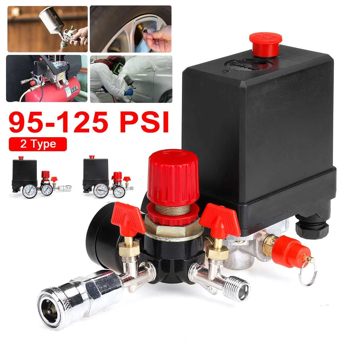 95-125PSI Air Compressor Pressure Switch Control Valve Manifold Regulator Gauges 